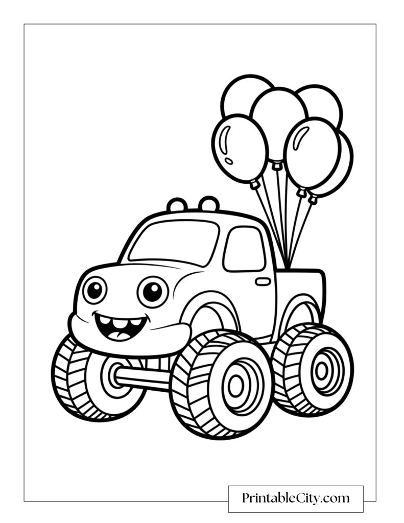 Cute monster truck coloring page with a smiling truck carrying balloons, perfect for preschool and young kids to color.