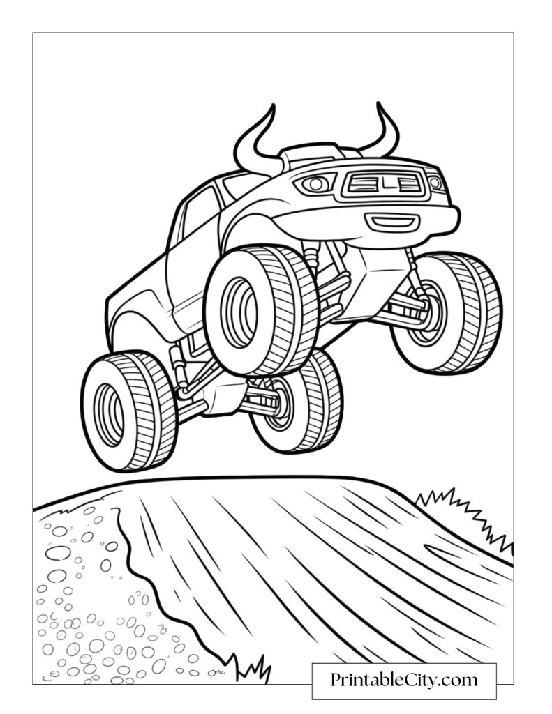 Monster truck coloring page inspired by El Toro Loco, showing a bull-horned monster truck launching into the air over a dirt ramp.