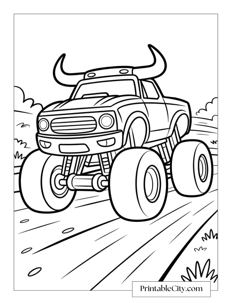 Bull monster truck coloring page inspired by El Toro Loco, featuring a horned truck speeding down a dirt track with motion lines and dust clouds.