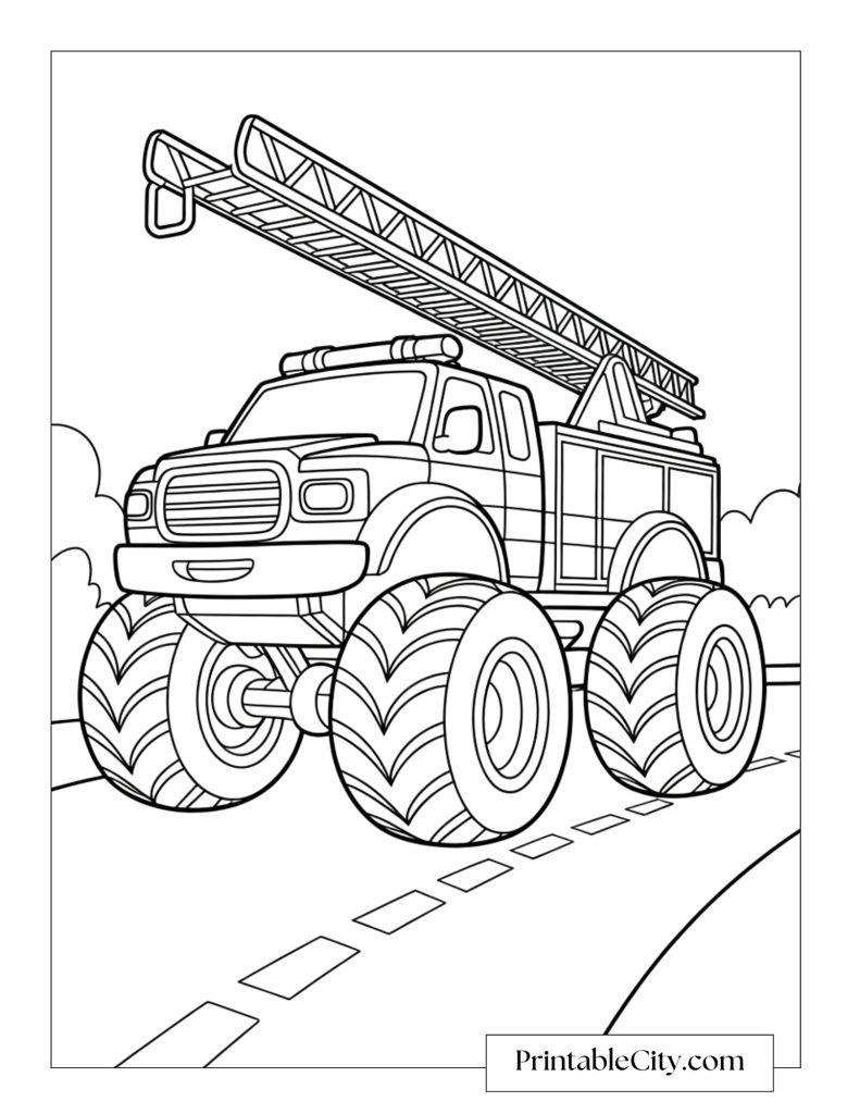 Fire rescue monster truck coloring page featuring a large truck with an extended ladder and oversized tires driving down a road.