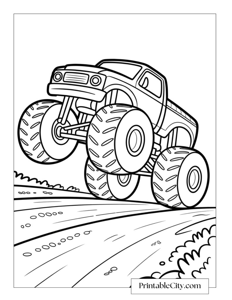 Bigfoot monster truck coloring page showing a powerful truck with oversized tires driving over a dirt ramp with motion and terrain details.