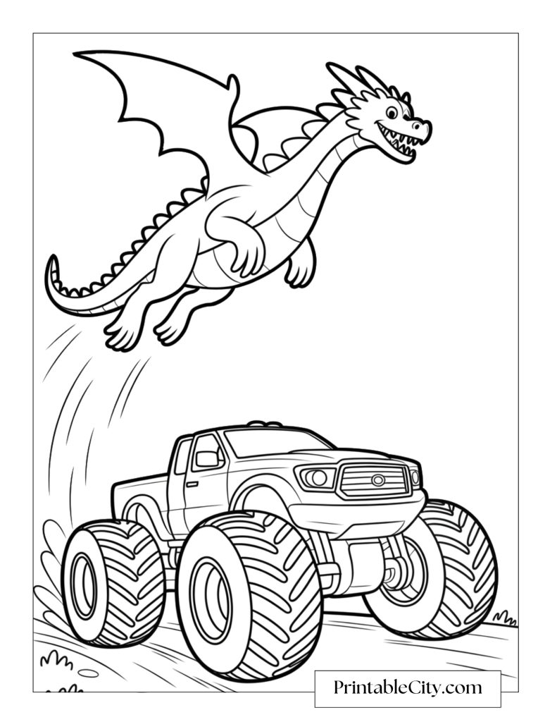 Dragon monster truck coloring page featuring a large truck racing down a dirt path with a flying dragon soaring overhead, inspired by Monster Jam’s Dragon truck design.