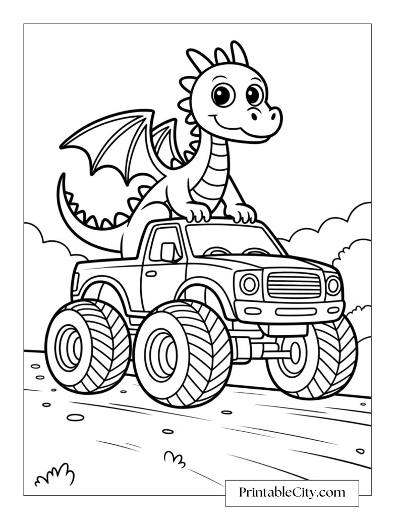 Cute dragon monster truck coloring page featuring a smiling dragon sitting on top of a big-wheeled truck driving along a dirt road.