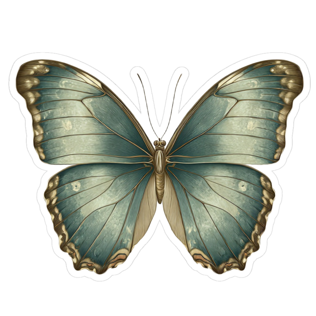 Green vintage morpho butterfly, top view with soft teal wings and golden edges for a subtle metallic look.