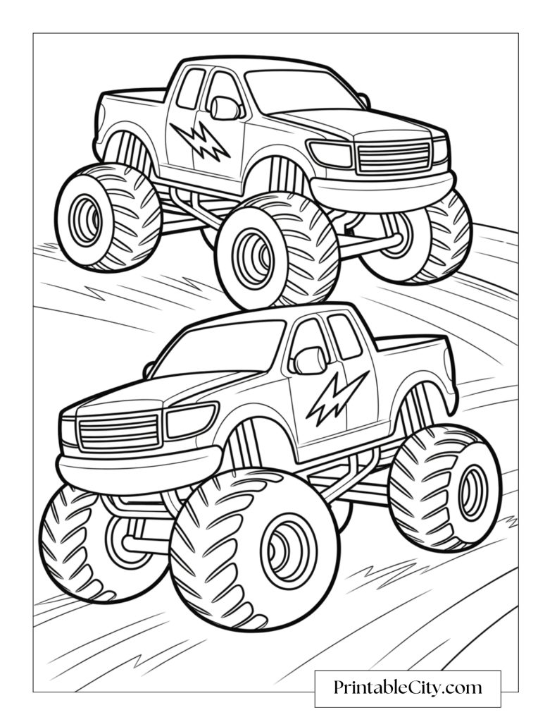 Coloring page of two powerful lightning bolt monster trucks with lightning symbols on their doors, racing on a dirt track.