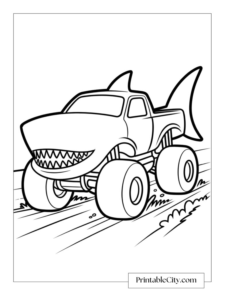 Shark monster truck coloring page inspired by Megalodon, featuring a fierce shark-shaped truck body with fins and sharp teeth driving down a dirt track.