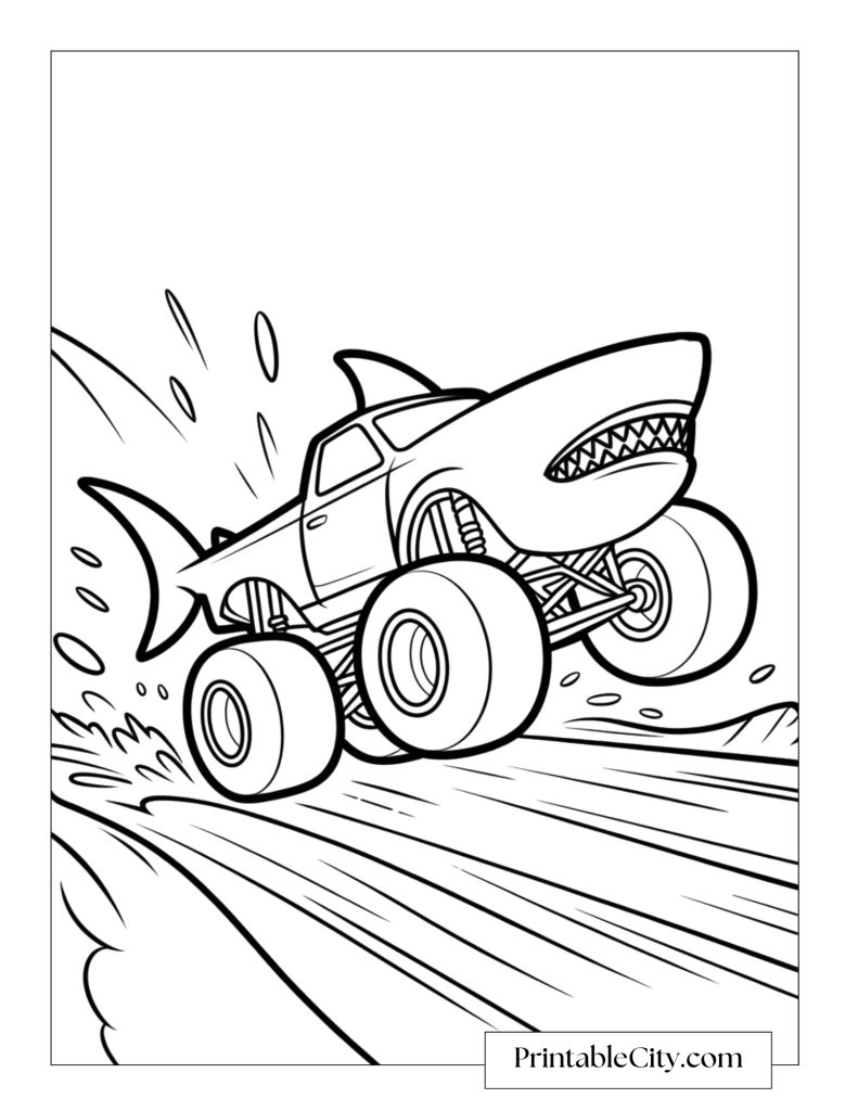 Shark monster truck coloring page inspired by Megalodon, showing a shark-shaped truck splashing through mud and racing at full speed.