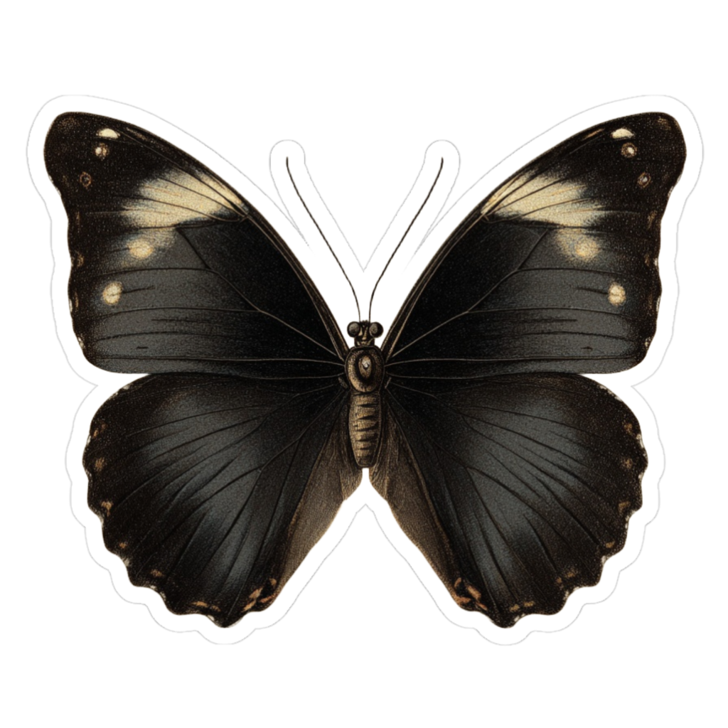 Black vintage morpho butterfly, top view with smooth dark wings, faint ivory highlights, and elegant sepia-toned edges.