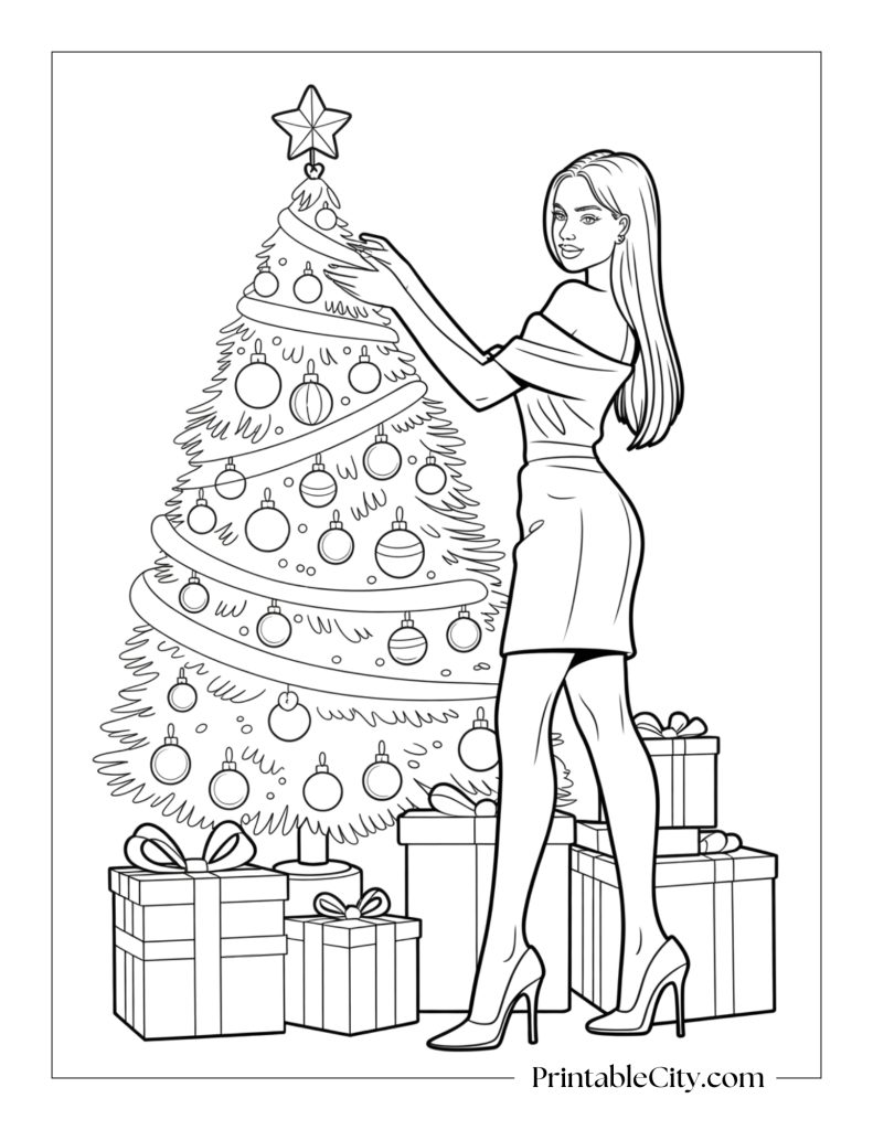 Confident baddie girl in a chic off-shoulder holiday dress decorating a Christmas tree with ornaments and presents below