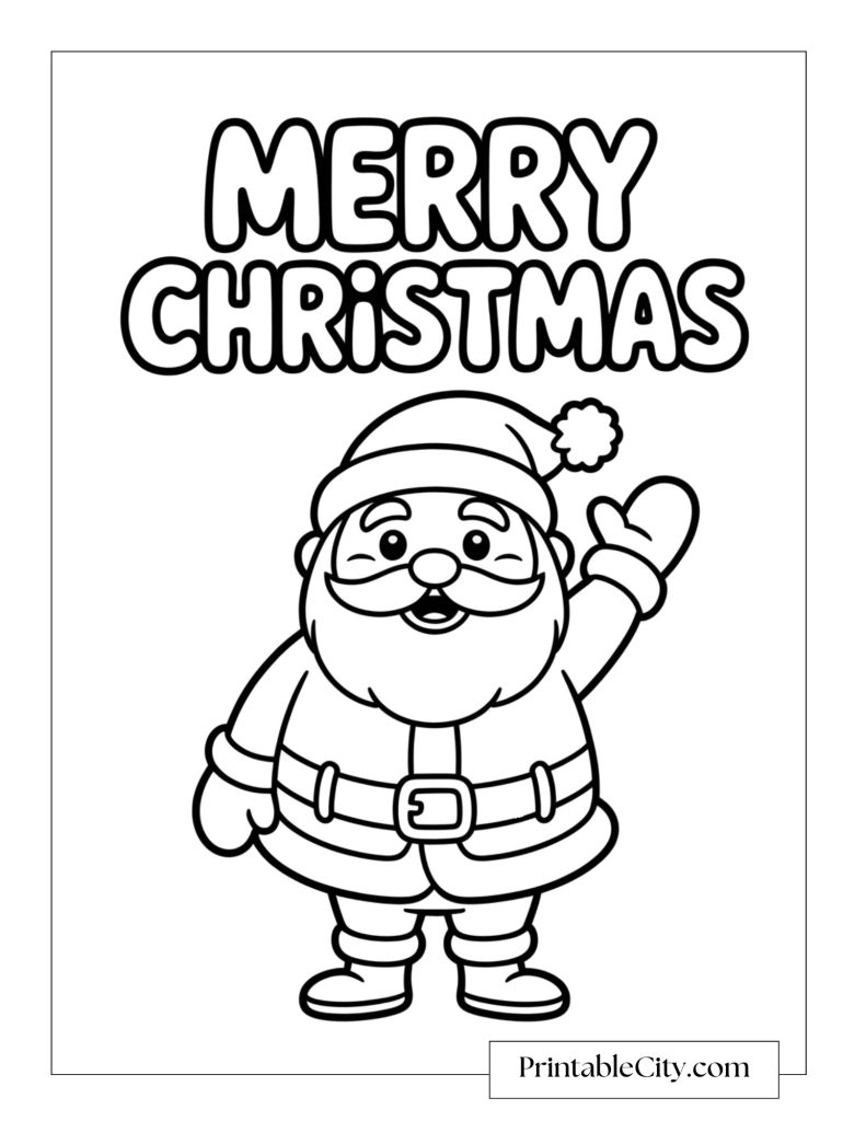 A cheerful Santa standing and waving under the words Merry Christmas.