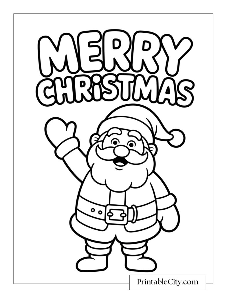 A jolly Santa Clause waving hello under a big Merry Christmas greeting.