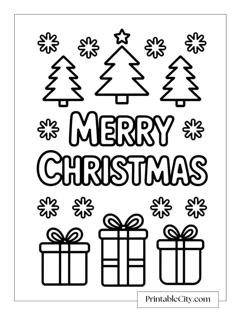 Three Christmas trees and gift boxes with the words Merry Christmas in the center.