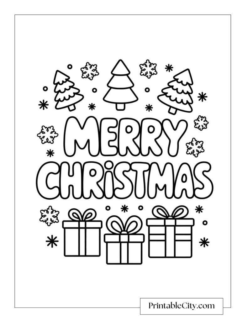 Three Christmas trees, snowflakes, and wrapped gifts with the words Merry Christmas in bold bubble letters.