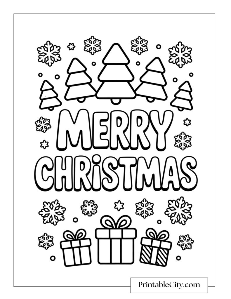 A group of Christmas trees surrounded by snowflakes and presents with the words Merry Christmas in the center.