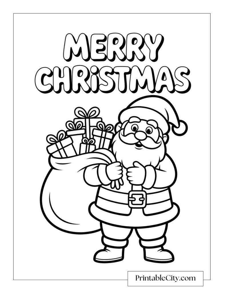 Santa Claus holding a large sack filled with presents under the words Merry Christmas.