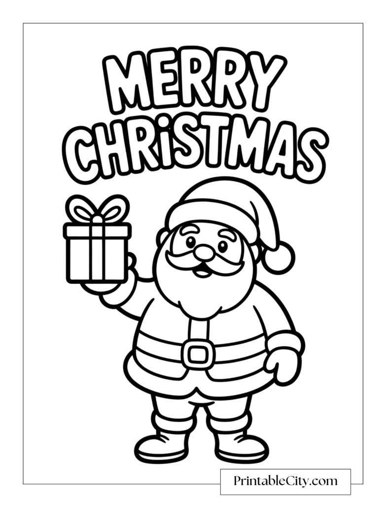 Santa Claus holding up a wrapped present in one hand under the words Merry Christmas.