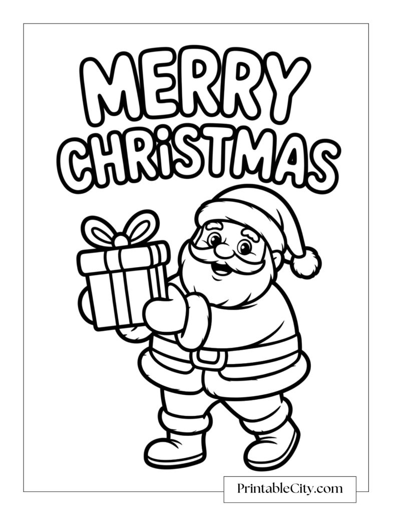 Santa with a big smile holding a gift box in both hands under the words Merry Christmas.