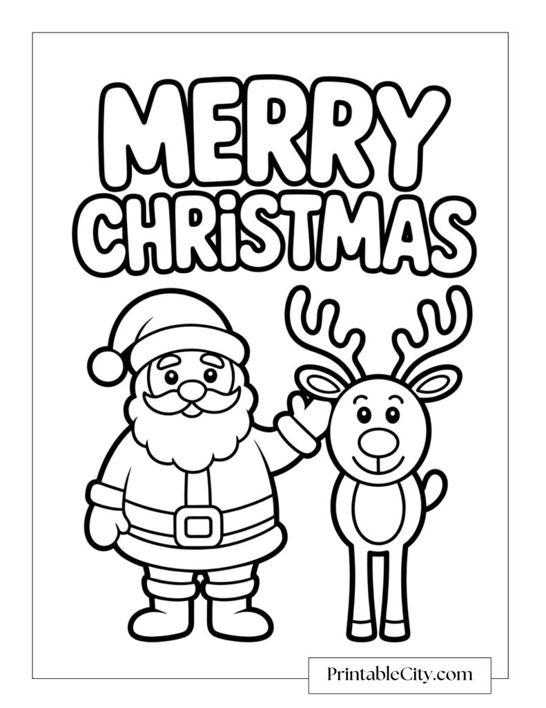 Santa Claus petting a smiling reindeer under the words Merry Christmas.