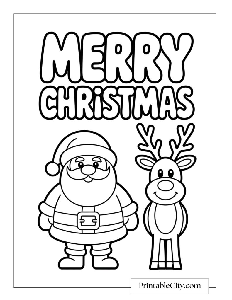 Santa Claus and a smiling reindeer standing together beneath the words Merry Christmas.