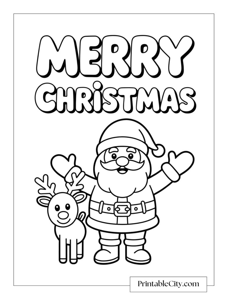 Santa Claus with open arms standing beside a small reindeer under the words Merry Christmas.