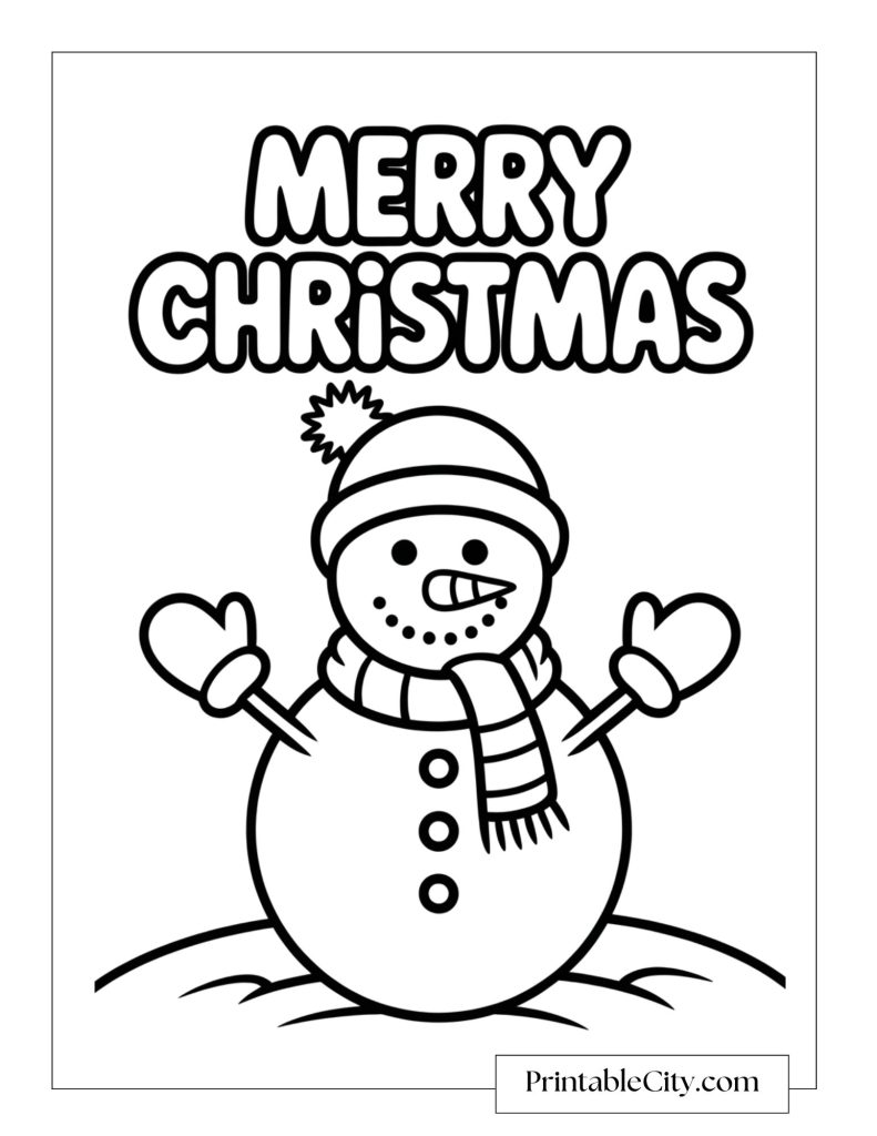 A smiling snowman wearing a hat, scarf, and mittens with the words Merry Christmas above.