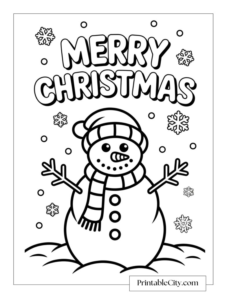A happy snowman wearing a striped scarf and hat surrounded by falling snowflakes under the words Merry Christmas.
