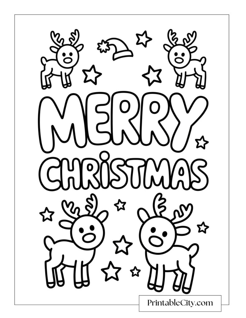 Four playful reindeers with stars and a Santa hat around the words Merry Christmas.