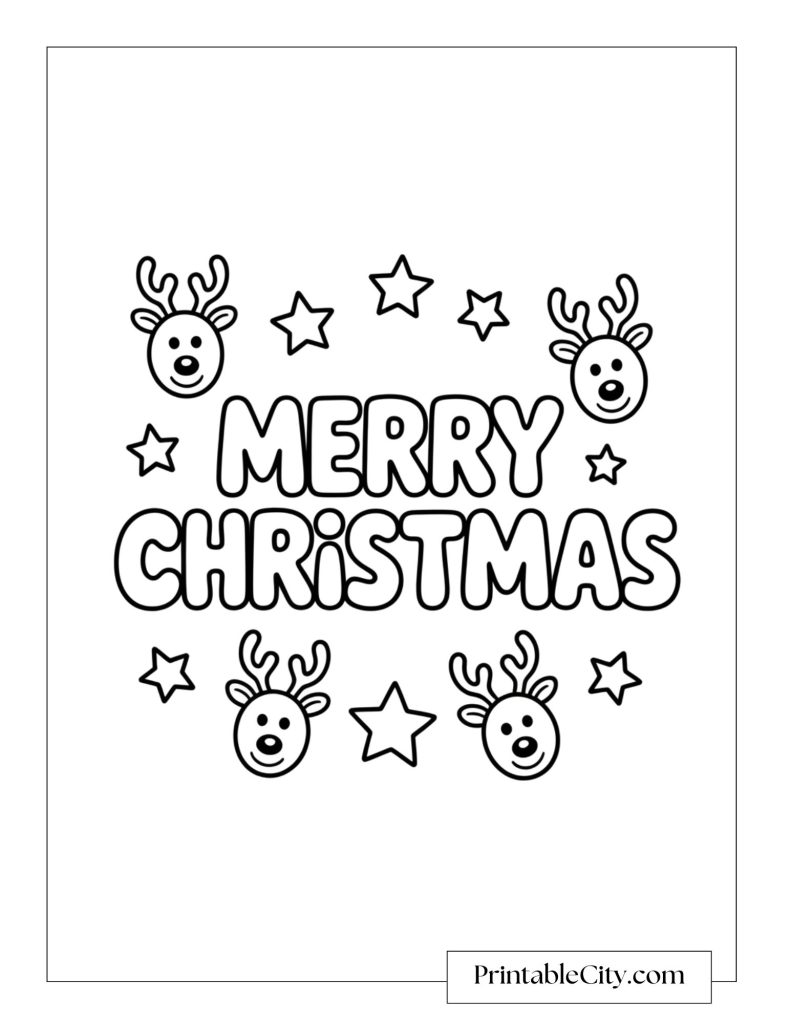 Four reindeer faces with stars surrounding the words Merry Christmas in bold bubble letters.