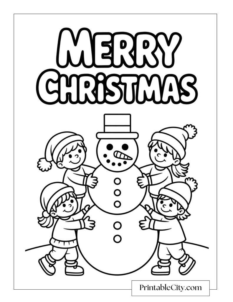 Four children wearing winter hats building a snowman under the words Merry Christmas.