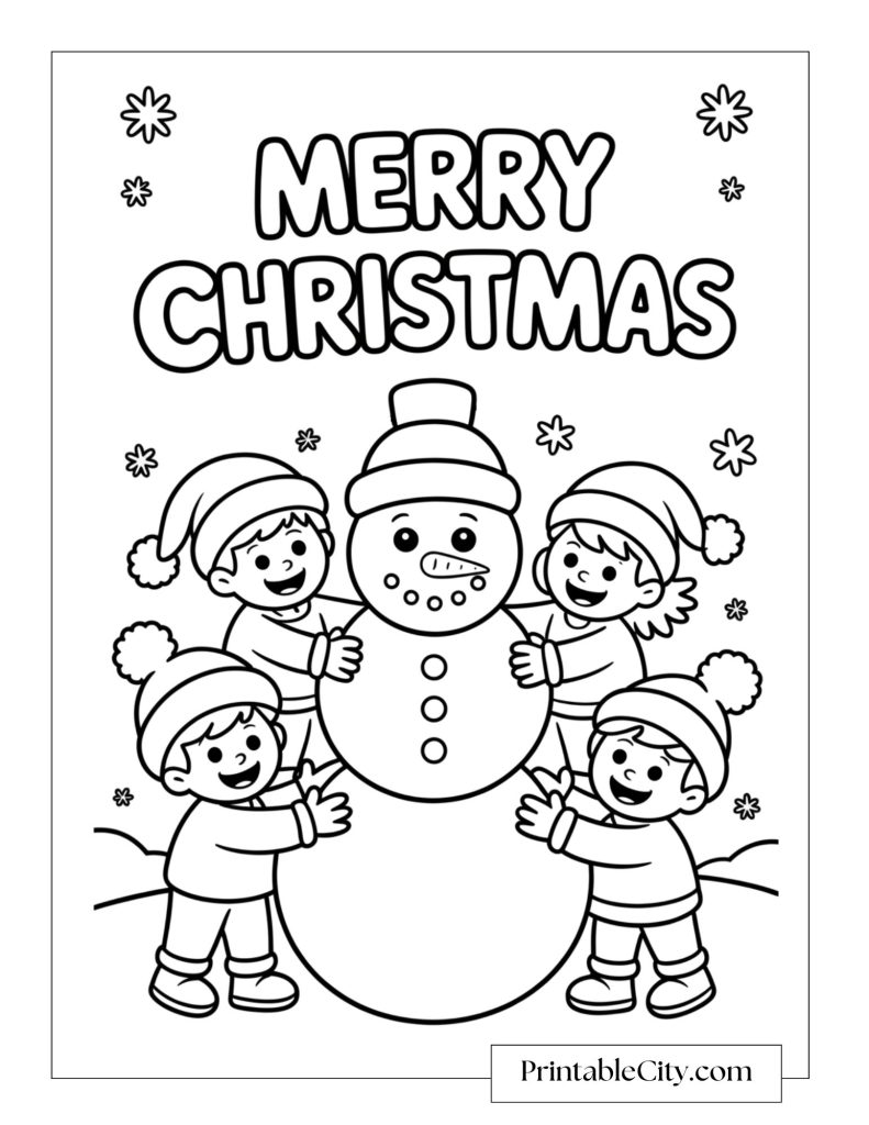 Four smiling children wearing winter clothes standing around a snowman under the words Merry Christmas.