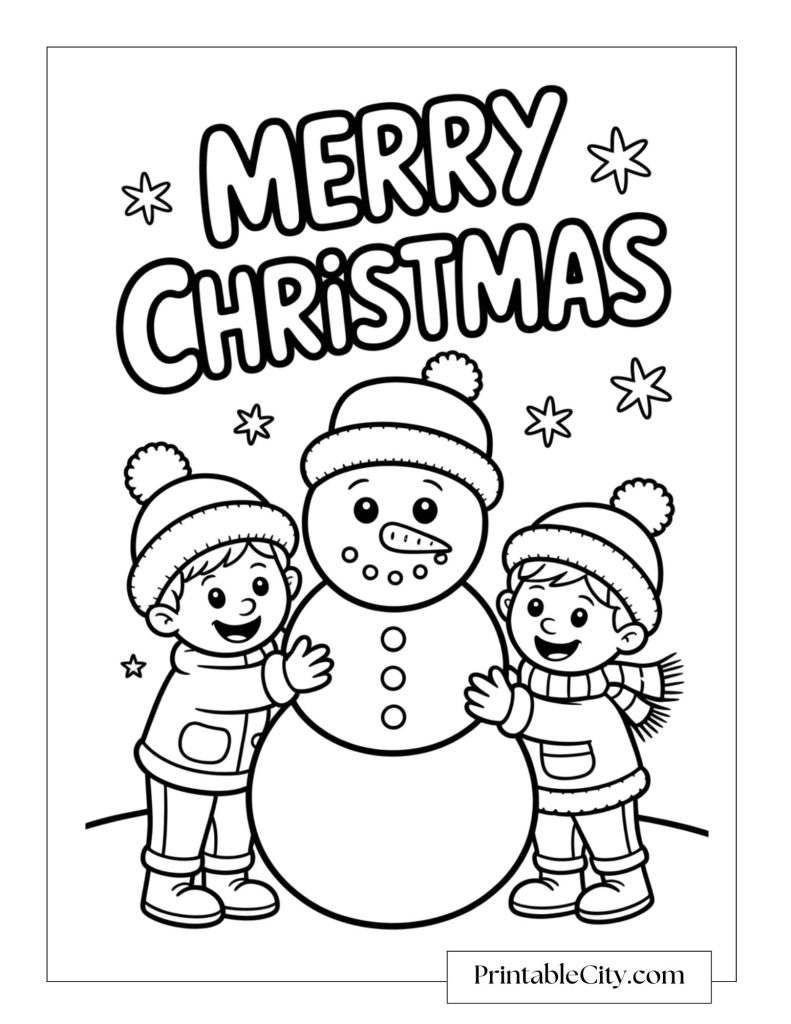 Two children in winter hats and scarves building a snowman under the words Merry Christmas.