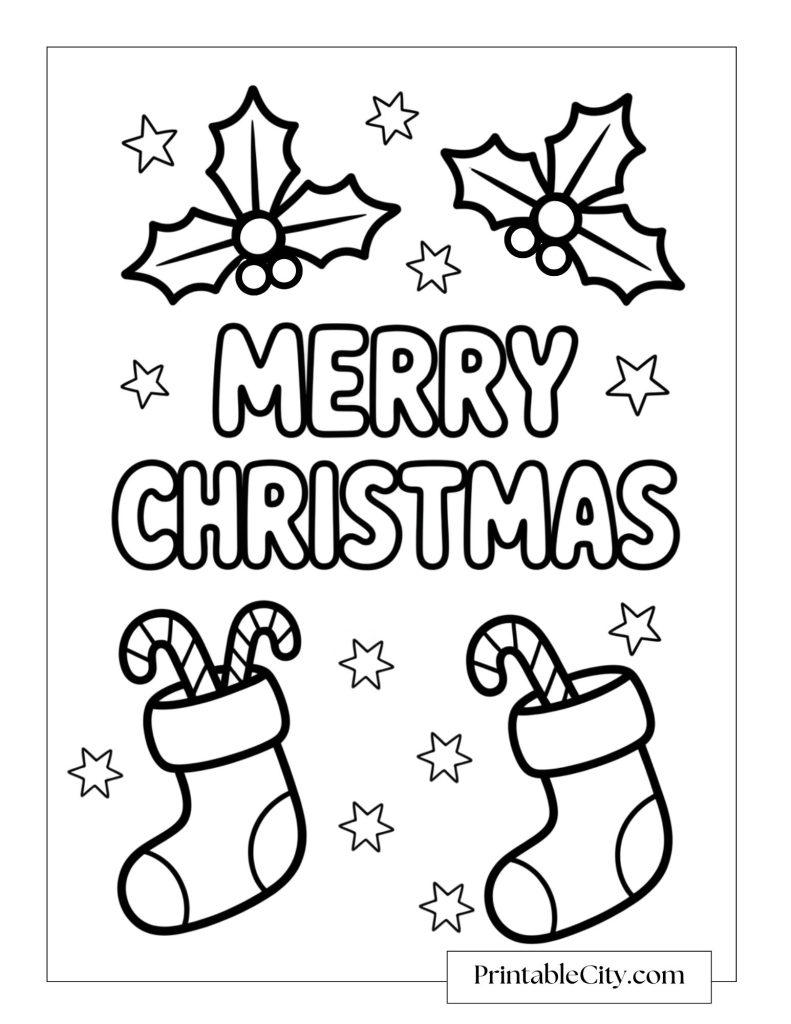 Christmas stockings filled with candy canes and holly leaves above and below the words Merry Christmas.