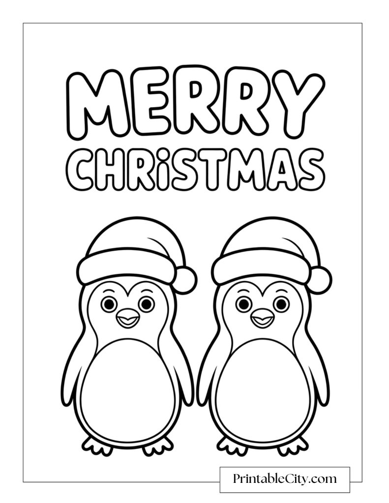 Two penguins wearing Santa hats standing under the words Merry Christmas.