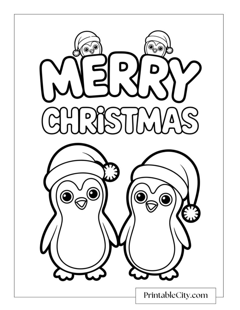 The words Merry Christmas with two small penguins at the top and two big penguins at the bottom.
