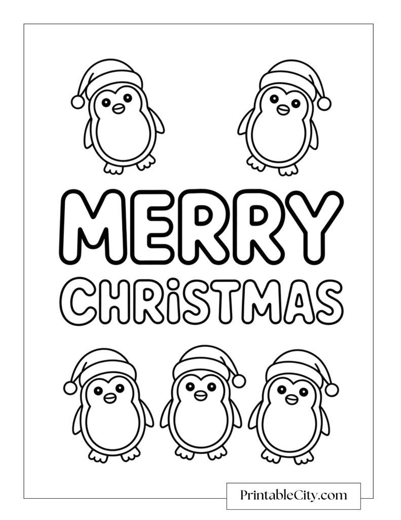 Five penguins wearing Santa hats arranged around the words Merry Christmas.