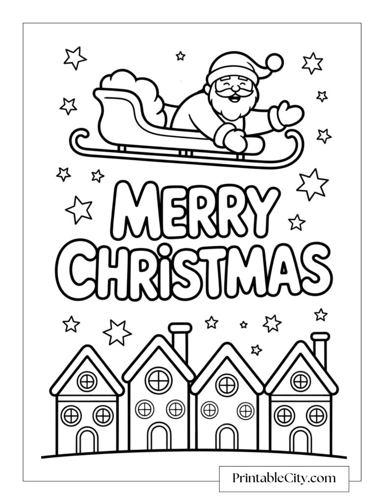 Santa flying in his sleigh above a row of houses with the words Merry Christmas in the center.