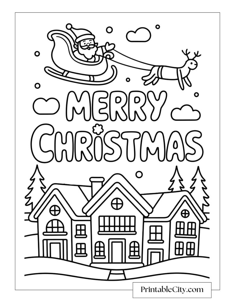 Santa flying in his sleigh pulled by a reindeer over snowy houses with the words Merry Christmas below.