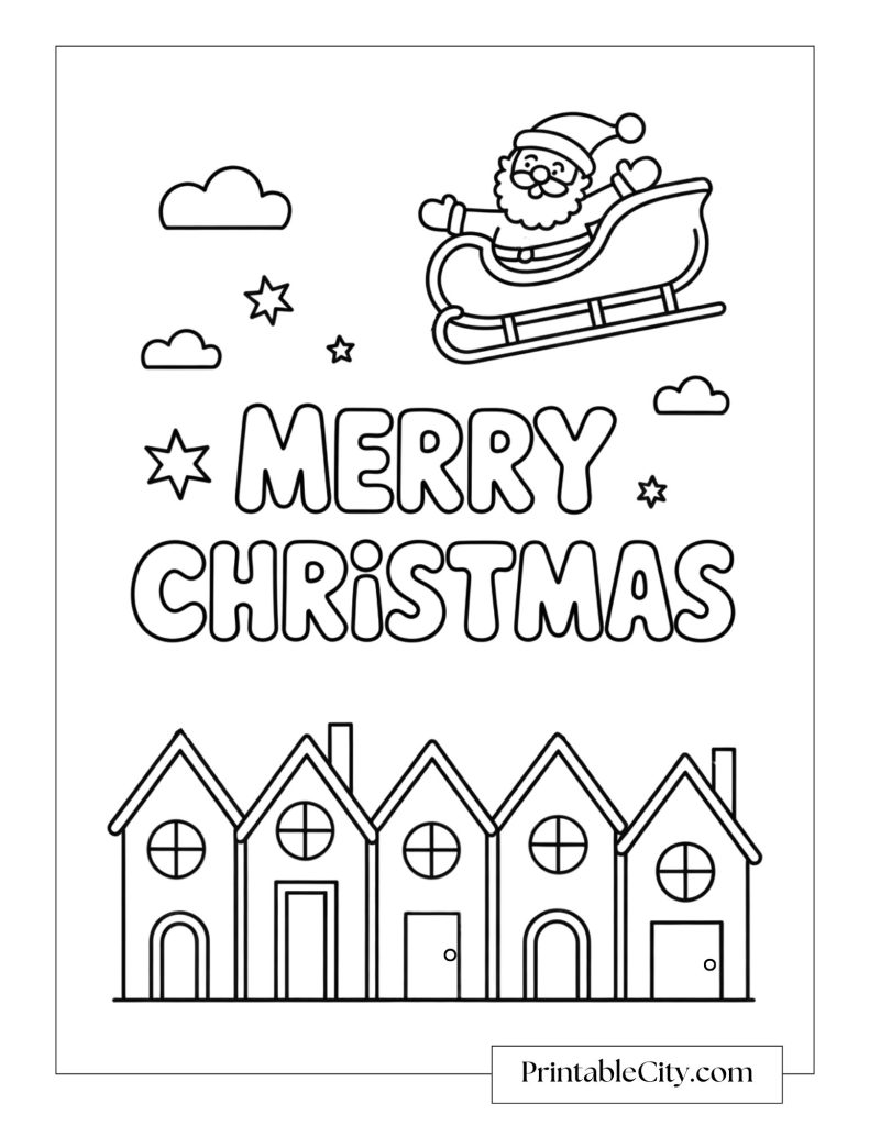 Santa waving from his sleigh above a row of houses with the words Merry Christmas in the center.