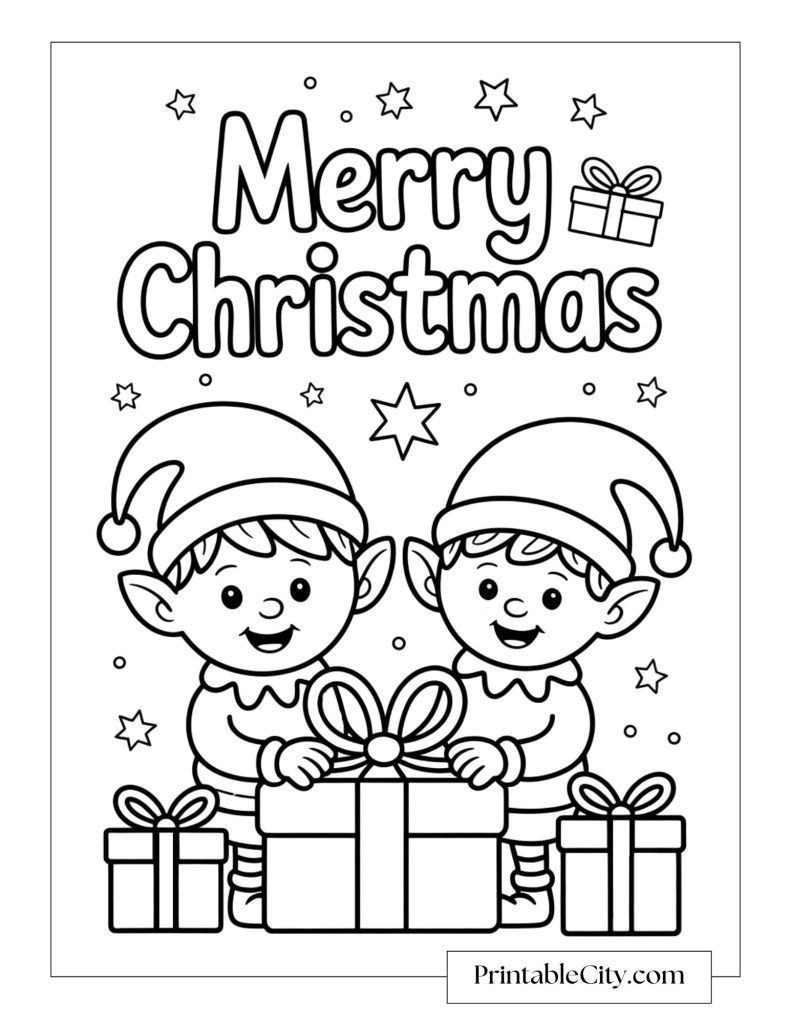 Two Christmas elves smiling and holding presents under the words Merry Christmas.