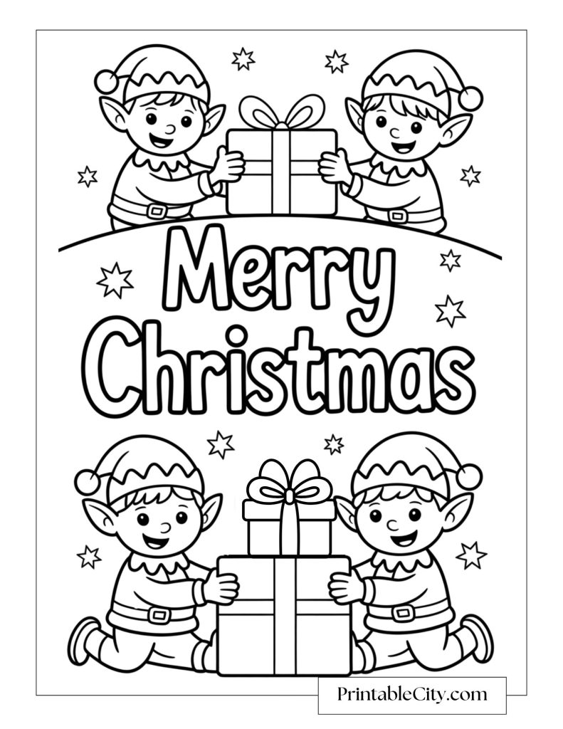 Four cheerful Christmas elves holding wrapped presents around the words Merry Christmas.