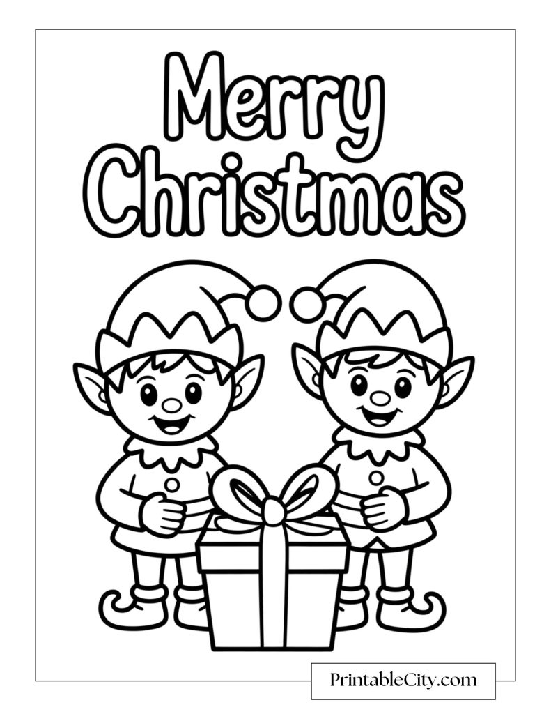 Two smiling Christmas elves standing beside a large wrapped gift with the words Merry Christmas above.