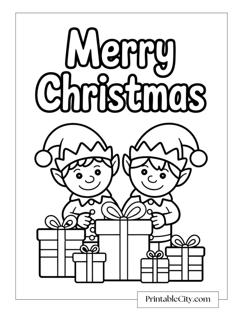 Two Christmas elves surrounded by wrapped presents under the words Merry Christmas.