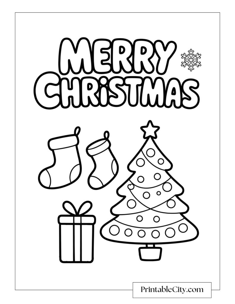 A decorated Christmas tree with stockings and a wrapped gift under the words Merry Christmas.