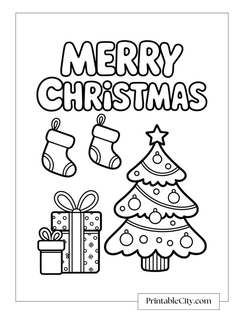 A Christmas tree with ornaments, stockings, and wrapped gifts beneath the words Merry Christmas.