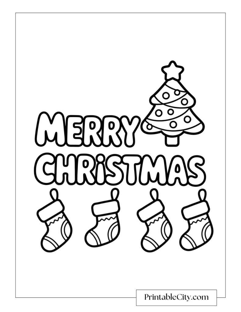A small decorated Christmas tree and four hanging stockings beneath the words Merry Christmas.