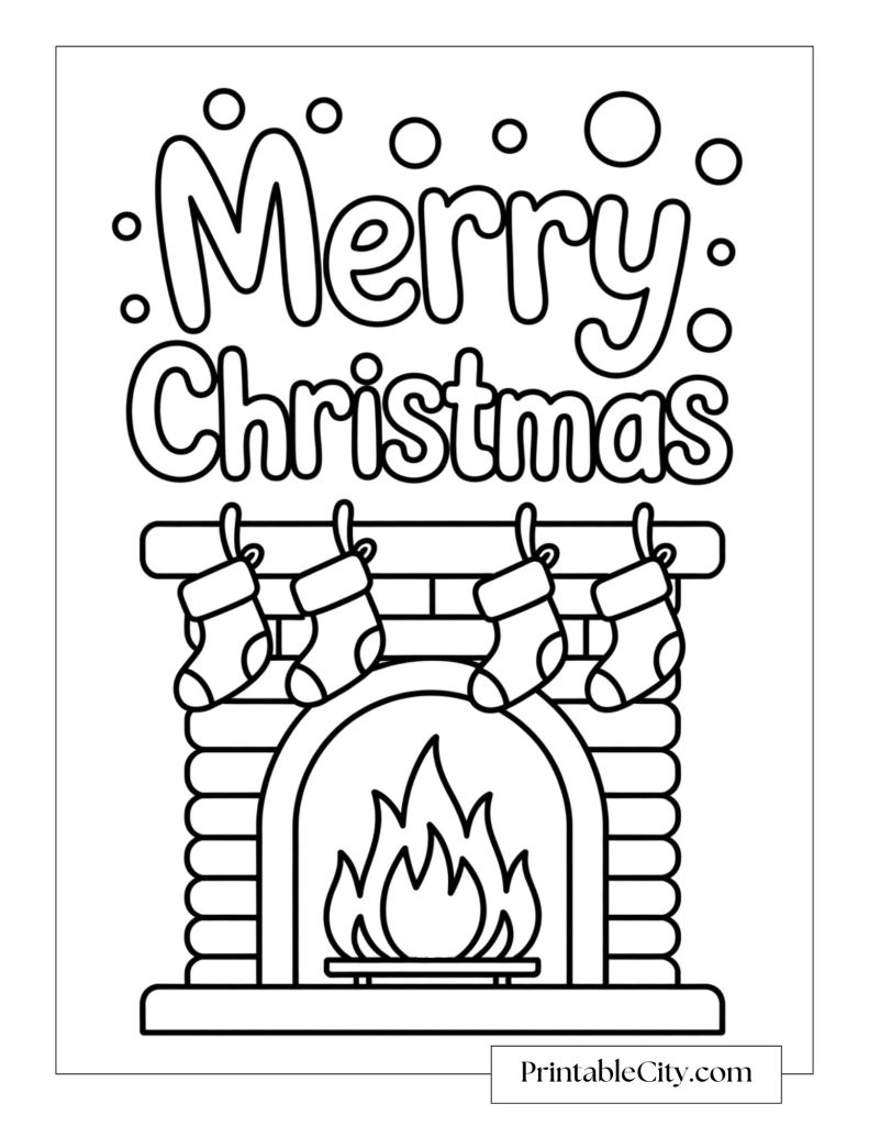 A festive fireplace with four stockings hanging above the fire and the words Merry Christmas written overhead.