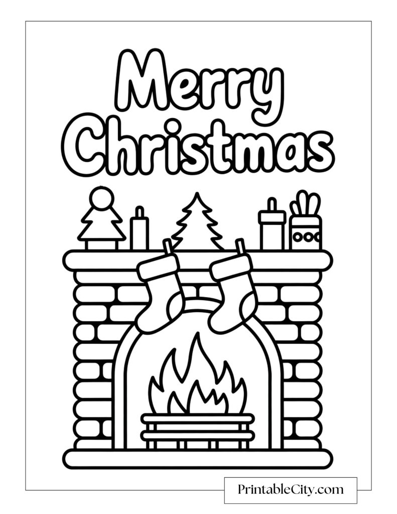 A brick fireplace decorated with stockings, candles, and small Christmas trees under the words Merry Christmas.