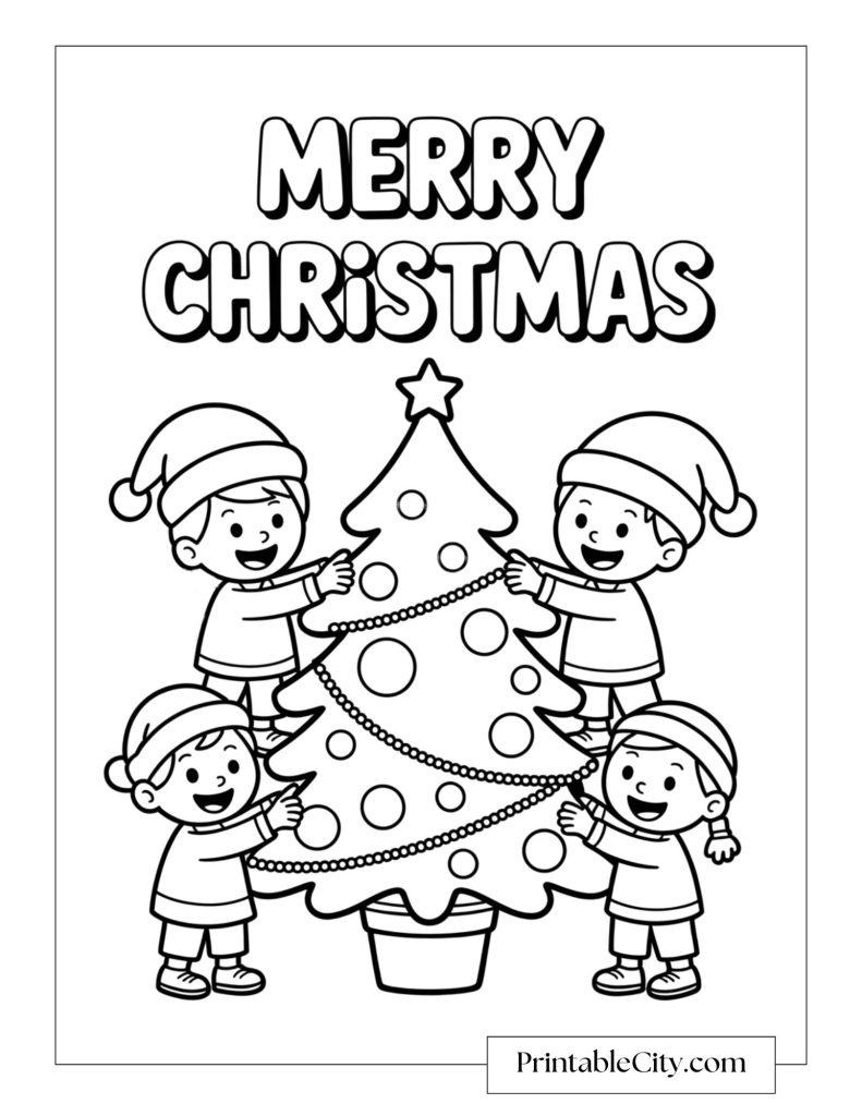 Four children decorating a Christmas tree with garlands and ornaments under the words Merry Christmas.