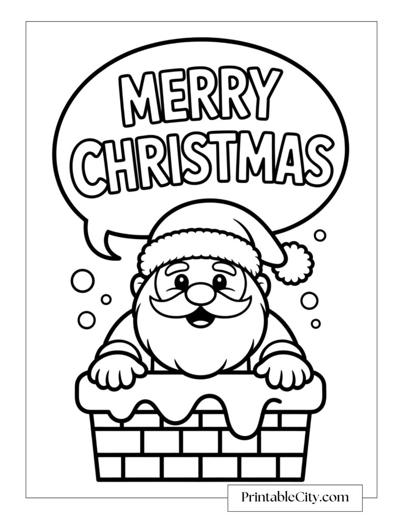 Santa Claus popping out of a chimney with a big speech bubble that says Merry Christmas.
