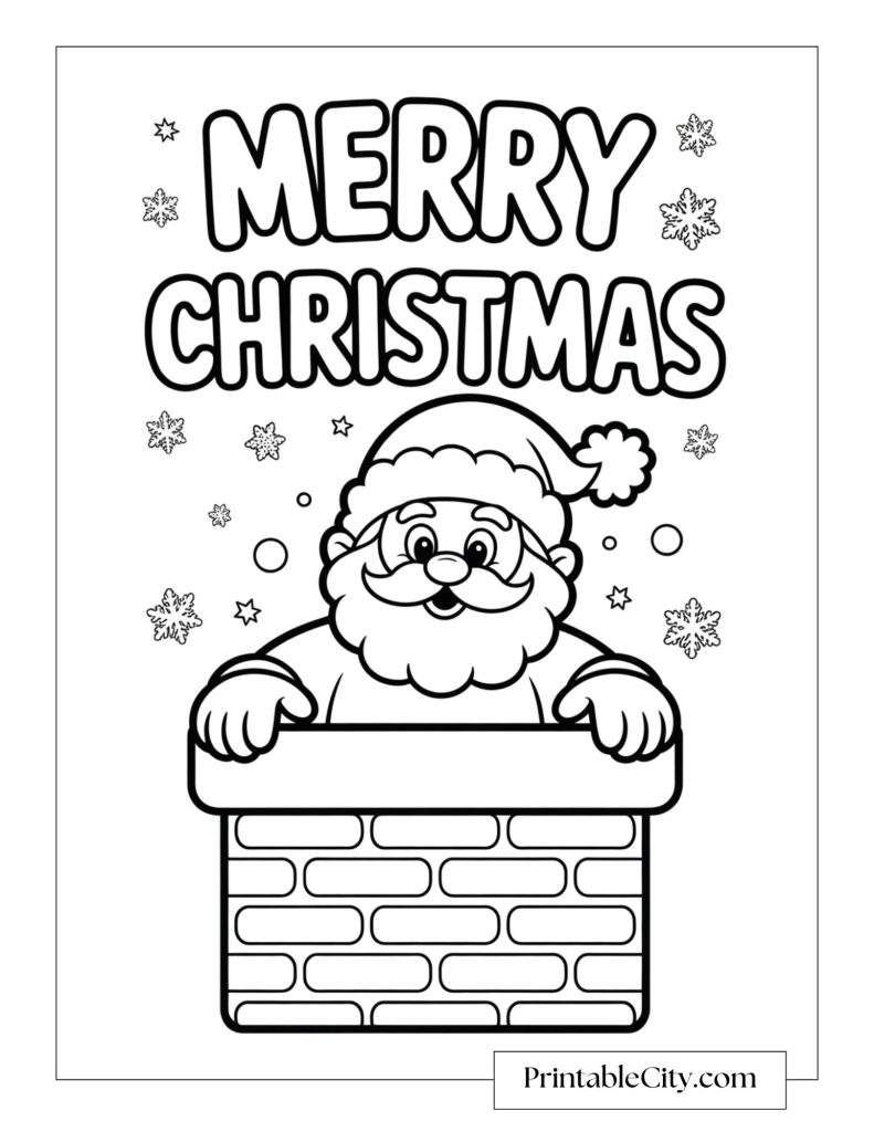 Santa Claus smiling from a brick chimney surrounded by snowflakes under the words Merry Christmas.